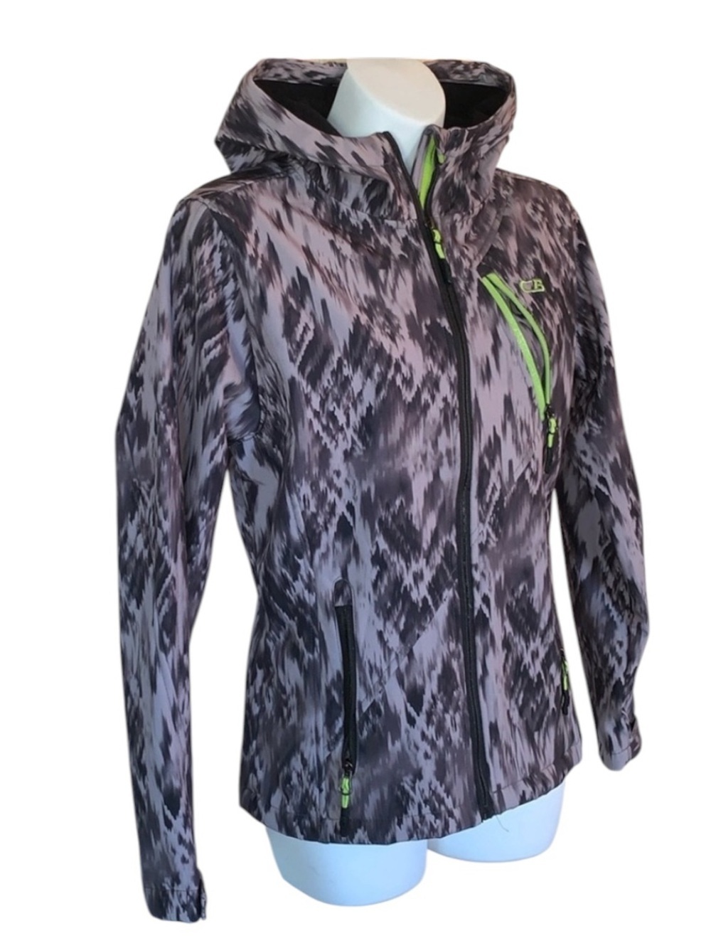 CB SPORT jacket, chore coat, zipper, hood, grey, green accents, pocket. M EUC